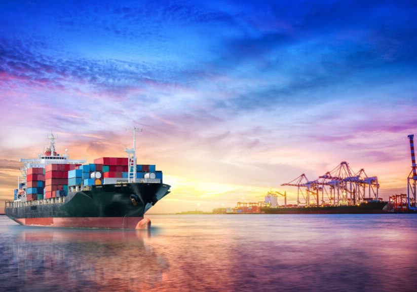 Logistics and transportation of International Container Cargo ship in the ocean at twilight sky, Freight Transportation, Shipping